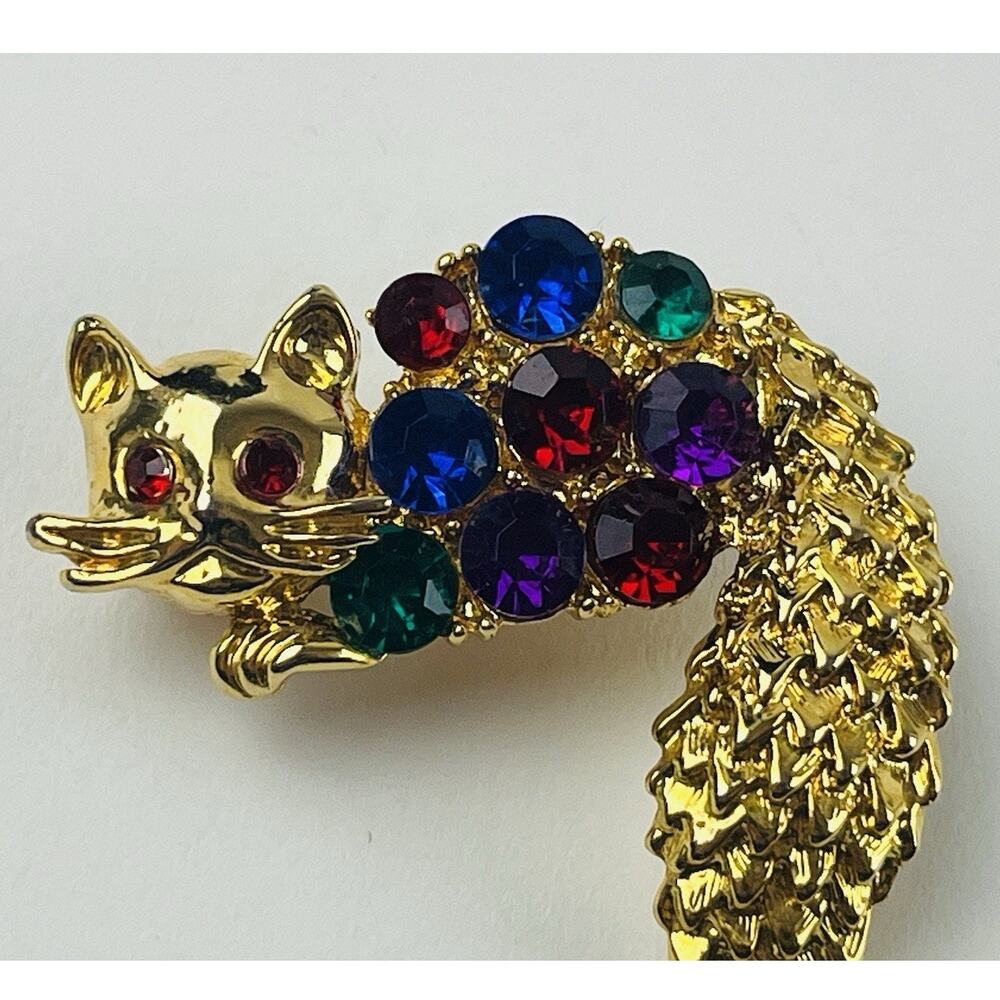 Vintage 80’s Gold Tone Rhinestone Red Eyes Cat Brooch Glam Colorful Blue Fox Whi